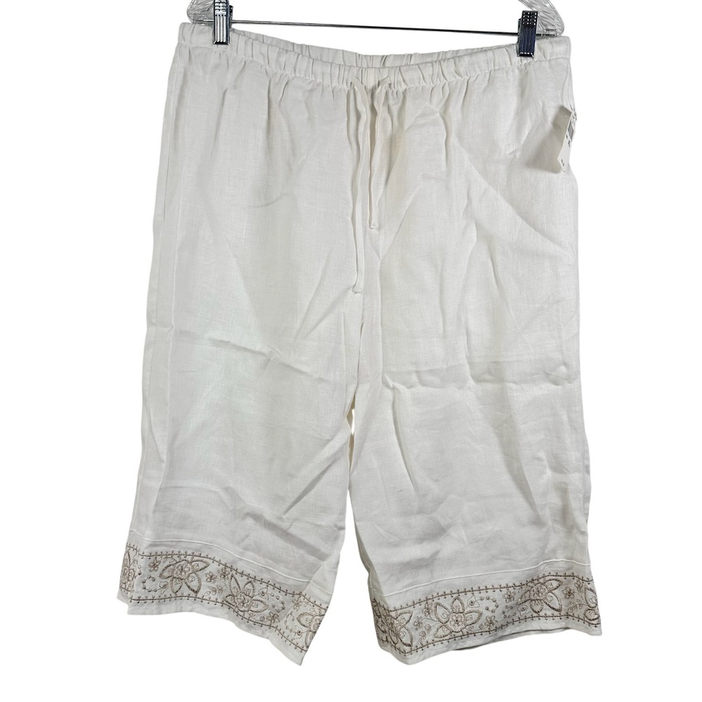 Hot Cotton White 100% Linen Embroidered Cropped Pants XL NWT